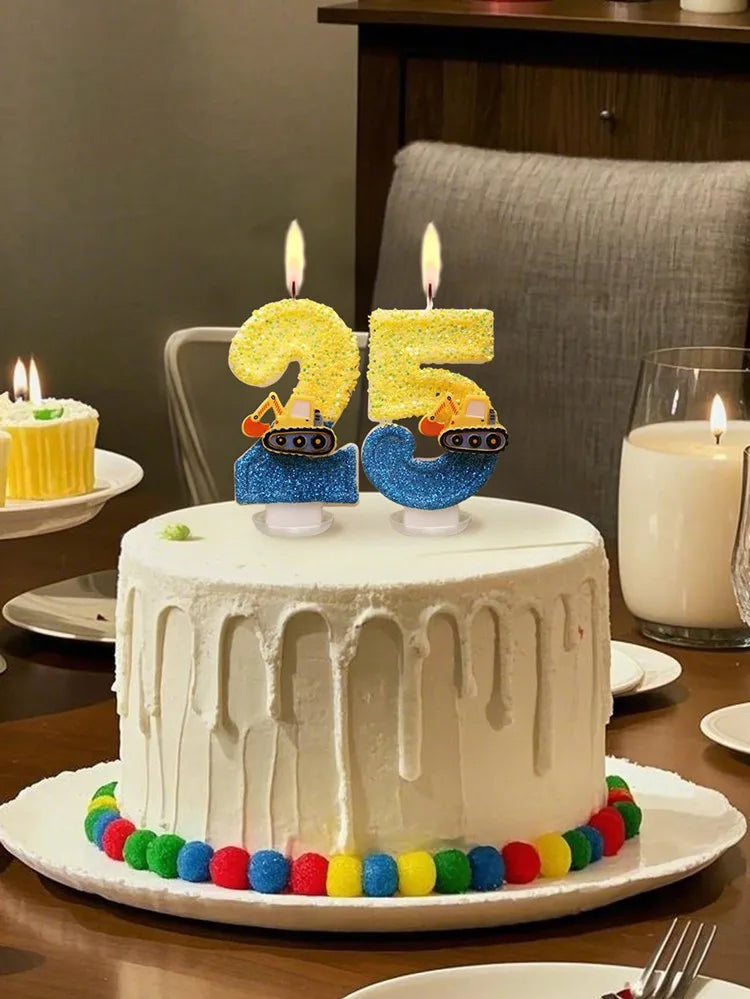Engineering Car Excavator Birthday Candle – Handmade Number Cake Topper for Boys’ Party Decorations