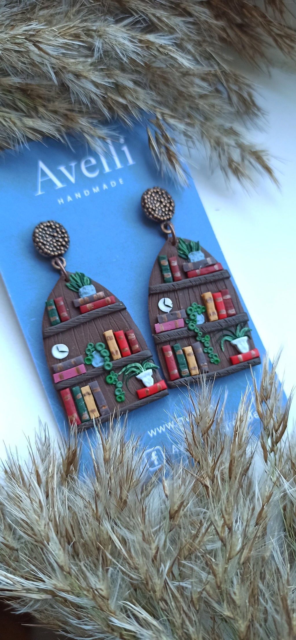 Handmade Polymer Clay Bookcase Earrings: Book Lover Dangle Earrings
