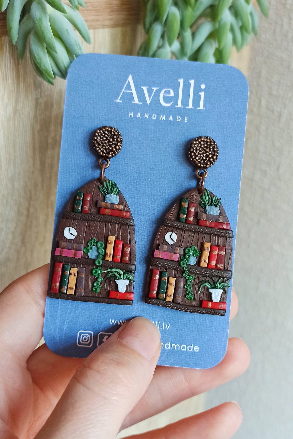 Handmade Polymer Clay Bookcase Earrings: Book Lover Dangle Earrings
