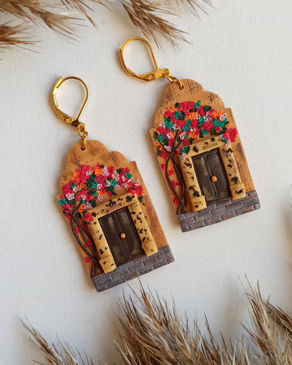 Handmade Polymer Clay Architecture Earrings: Pink Floral Landscape Jewelry