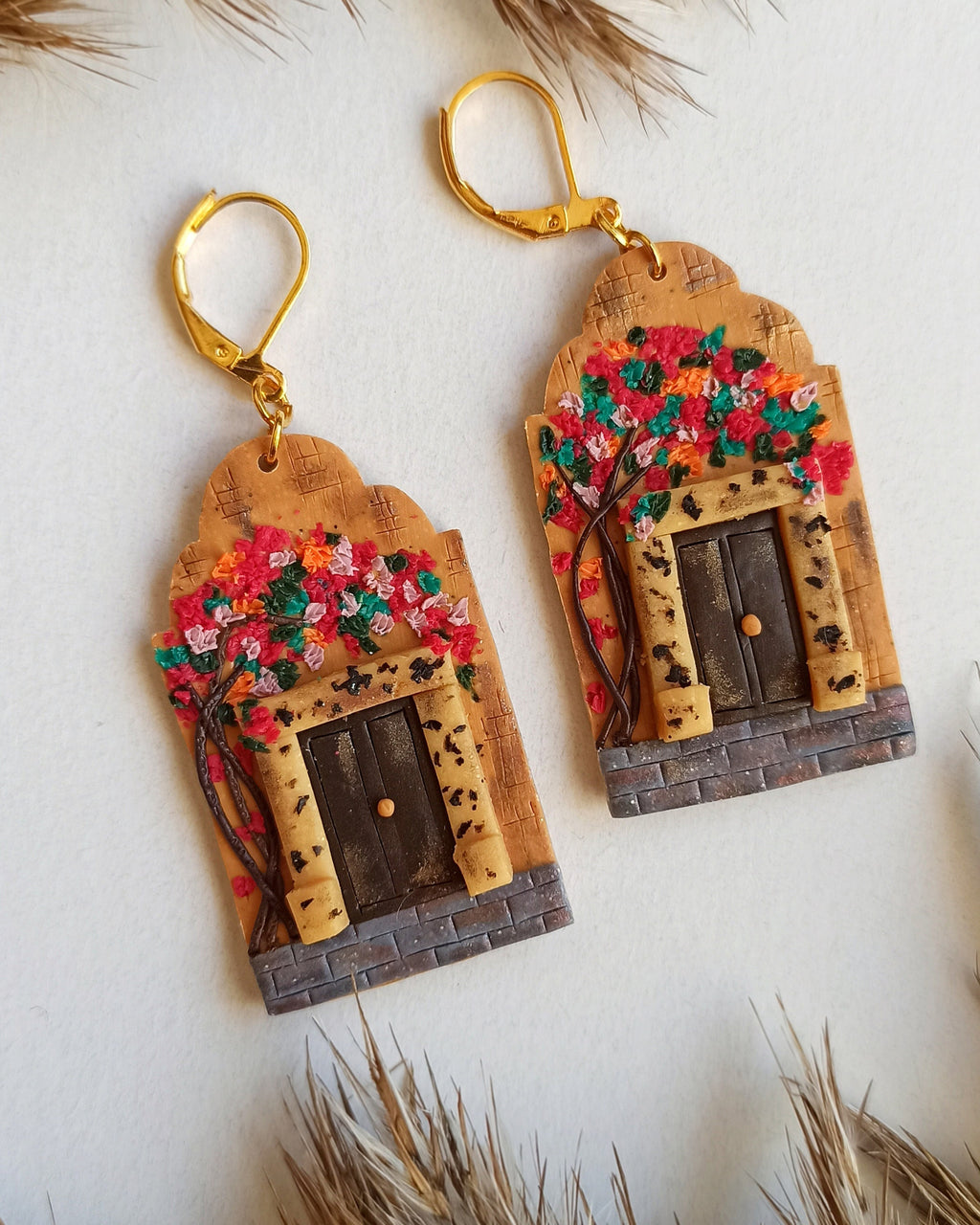Handmade Polymer Clay Architecture Earrings: Pink Floral Landscape Jewelry