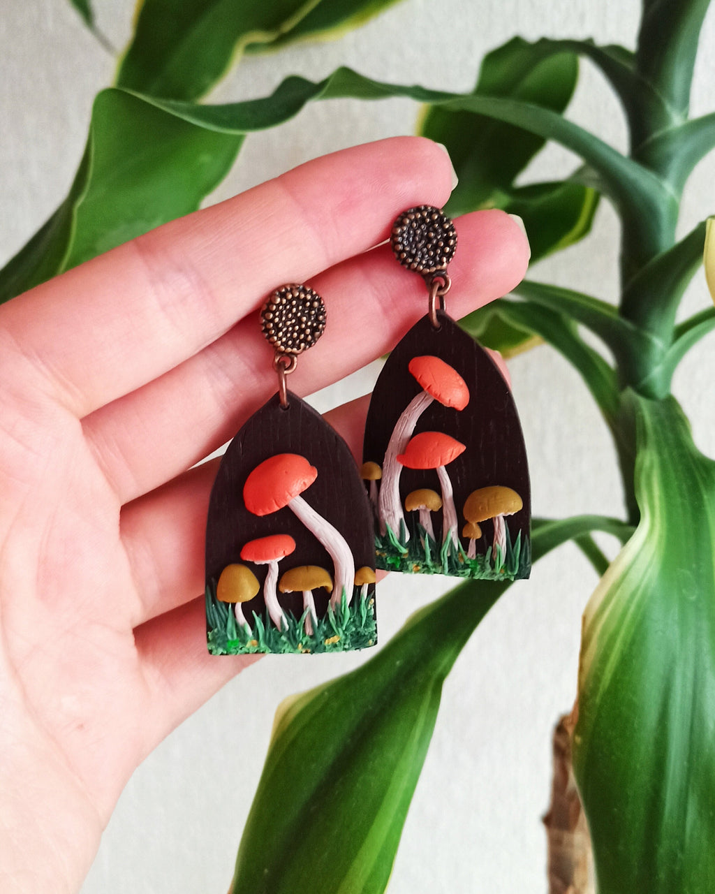 Handmade Mushroom Dangle Earrings: Polymer Clay, Nickel-Free, personalised gift