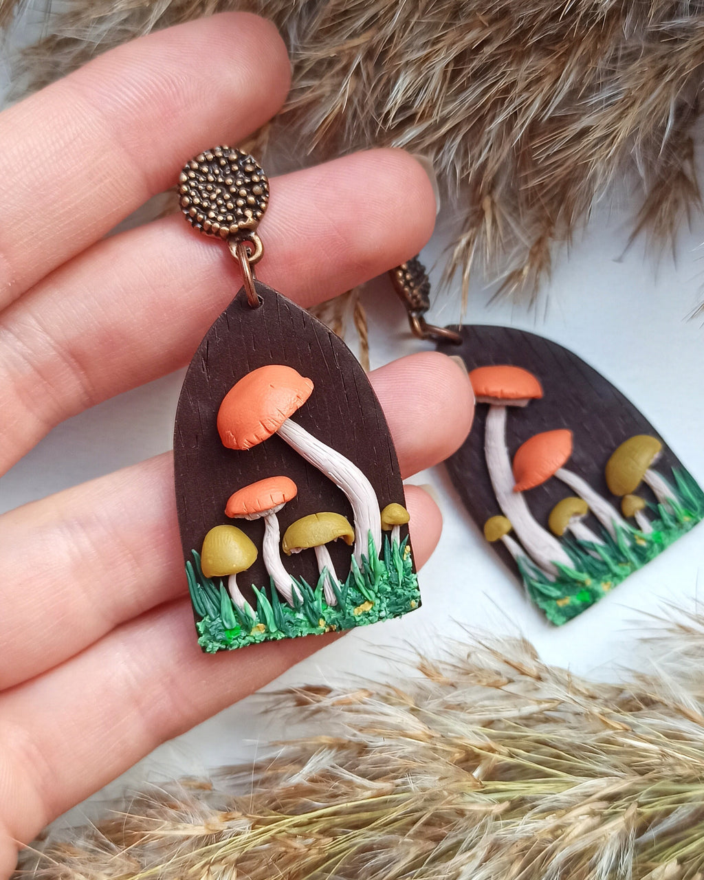 Handmade Mushroom Dangle Earrings: Polymer Clay, Nickel-Free, personalised gift