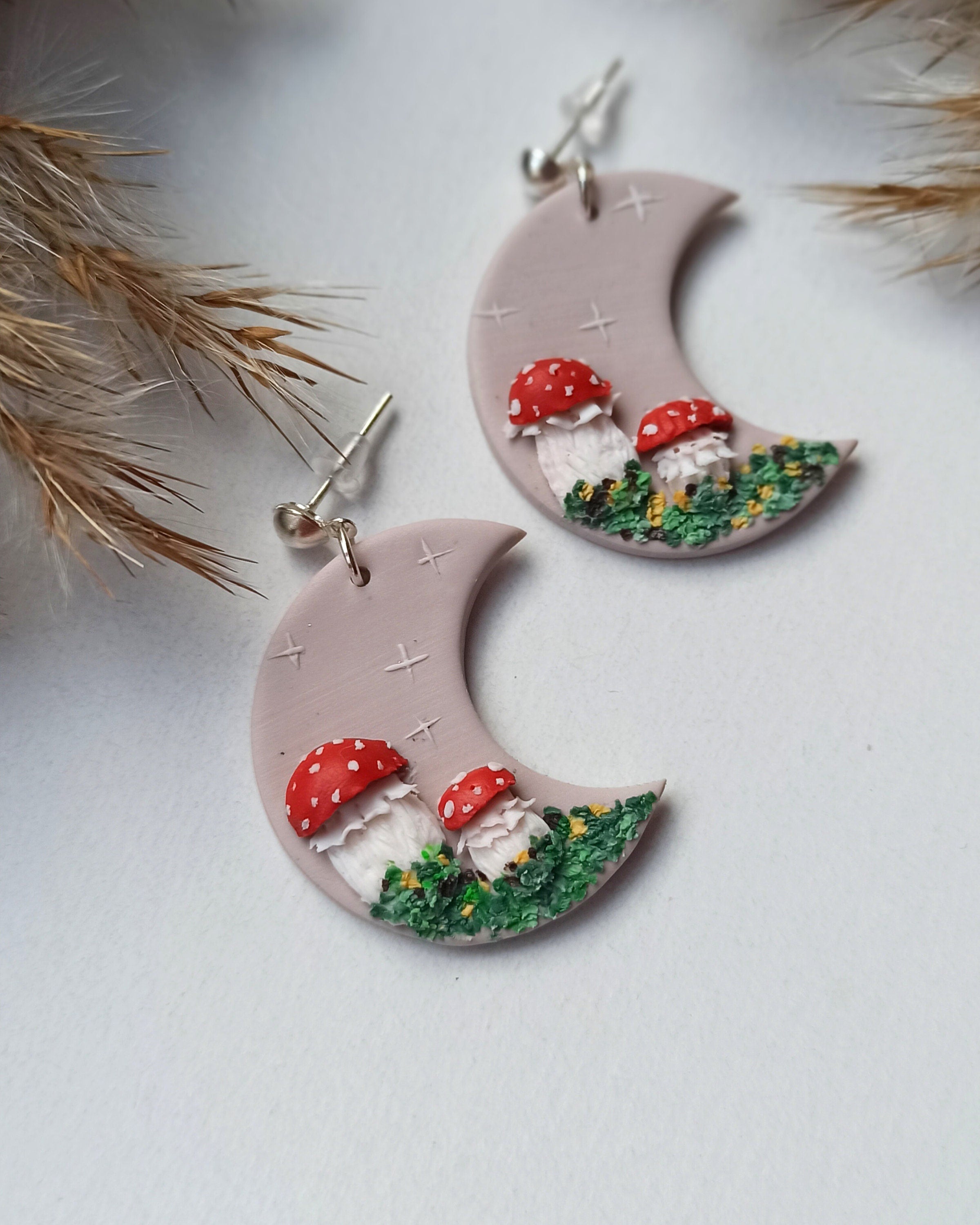 Forest Earrings/Mushroom Jewelry/Silver Brass Dangle Polymer Clay Boho/ Cottagecore/Gift for sister/Funky Earrings/Moon nature lover/