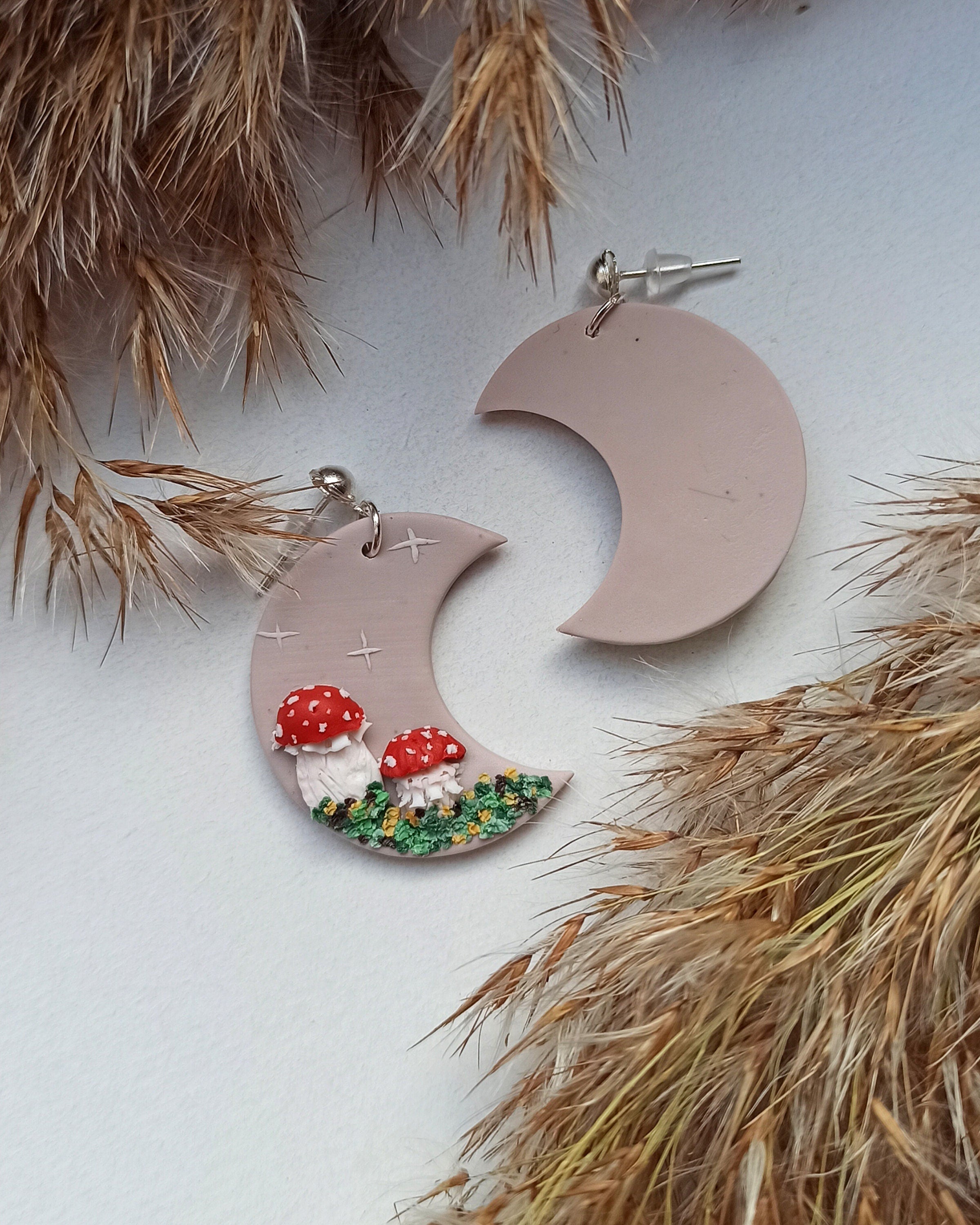 Forest Earrings/Mushroom Jewelry/Silver Brass Dangle Polymer Clay Boho/ Cottagecore/Gift for sister/Funky Earrings/Moon nature lover/