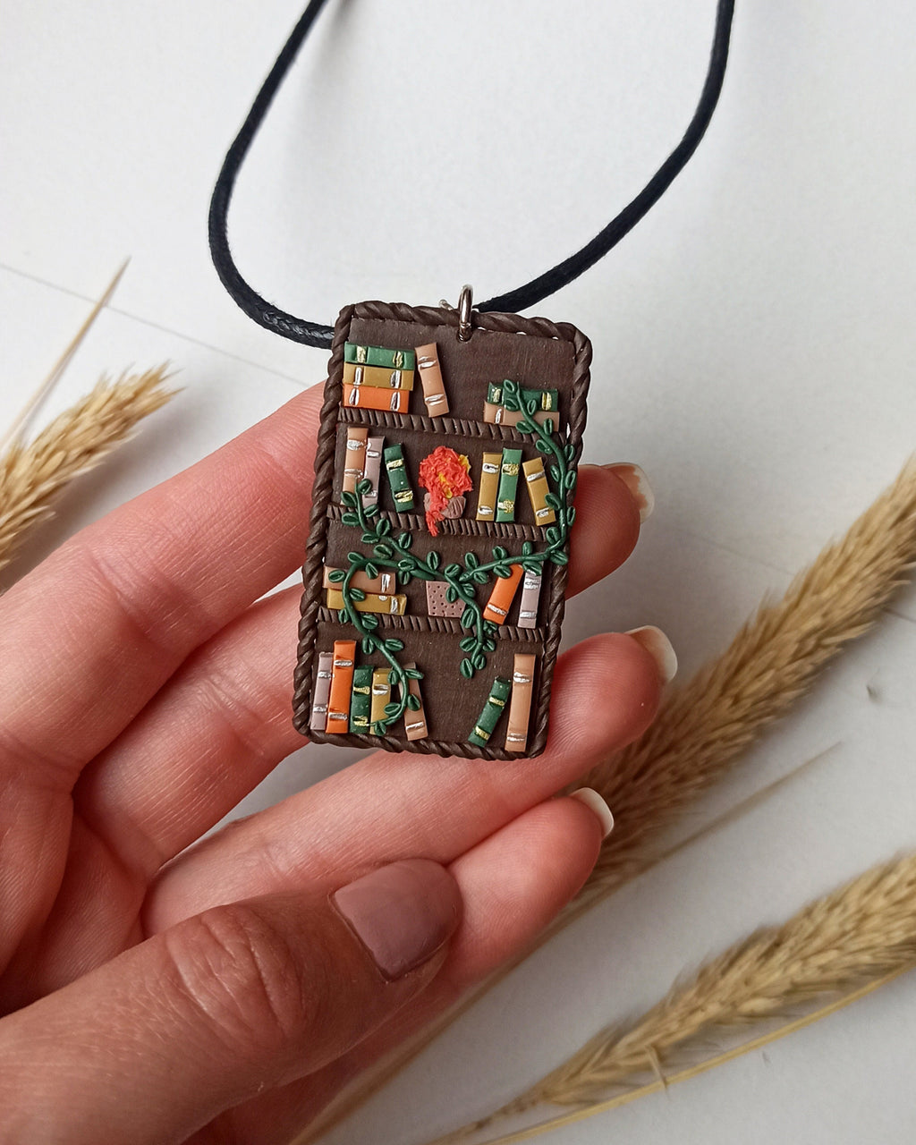Book Necklace: Handmade Polymer Clay Bookshelf Charm
