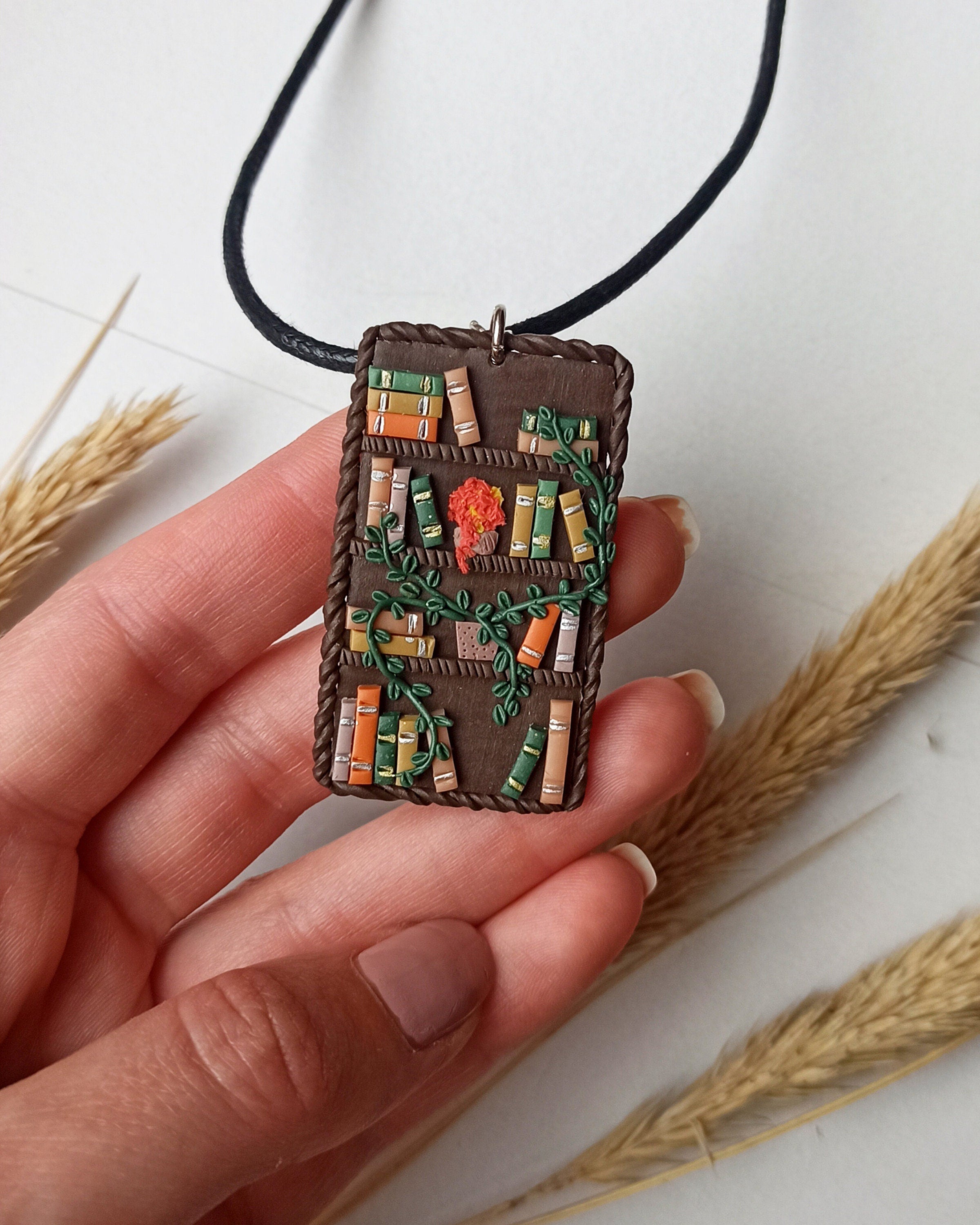 Book Necklace: Handmade Polymer Clay Bookshelf Charm
