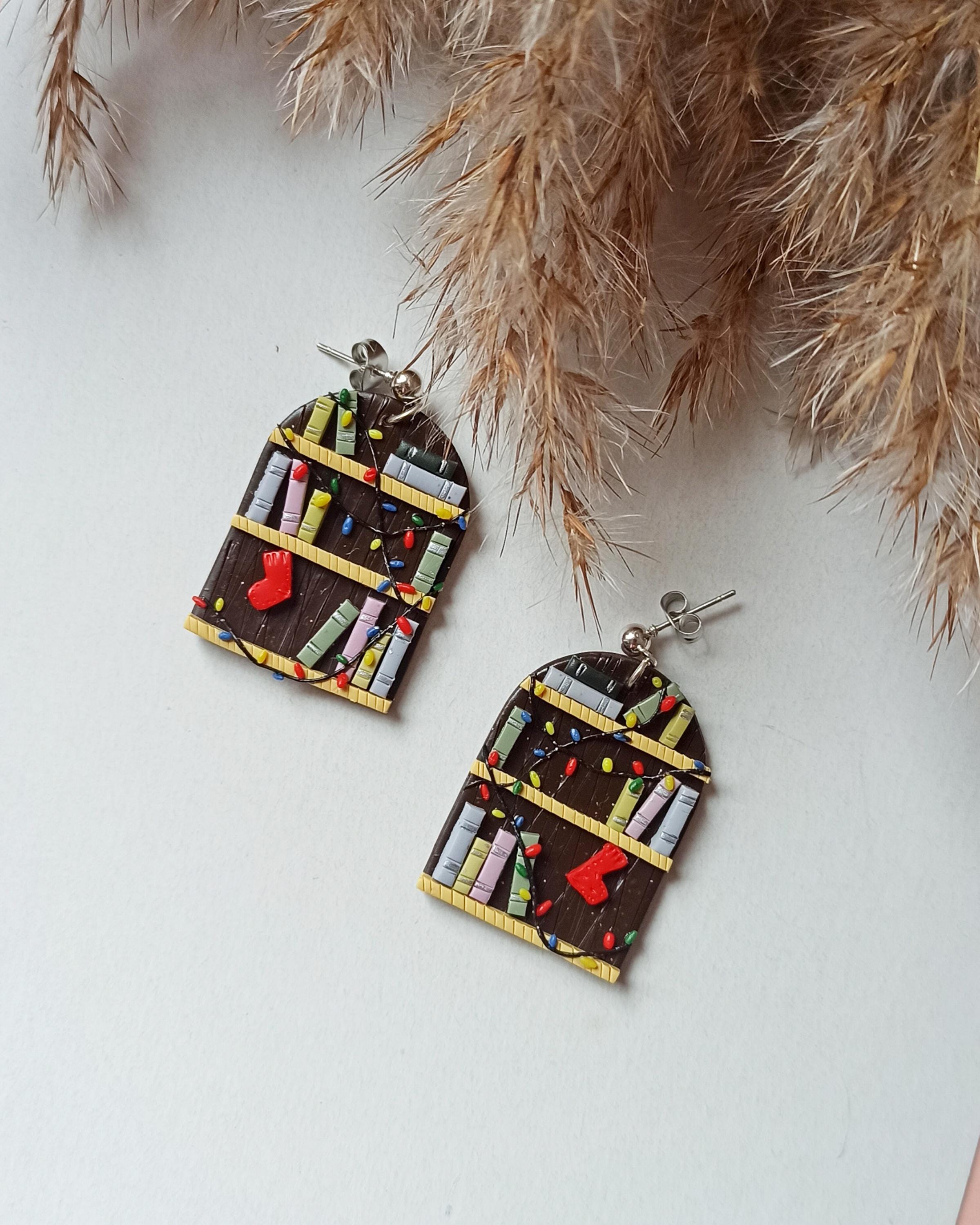 Avelli- Brown Bookshelf dandle Earrings - Polymer Clay - Winter mood gift READY TO SHIP - nickel free - eco-friendly - reader gift- booklove