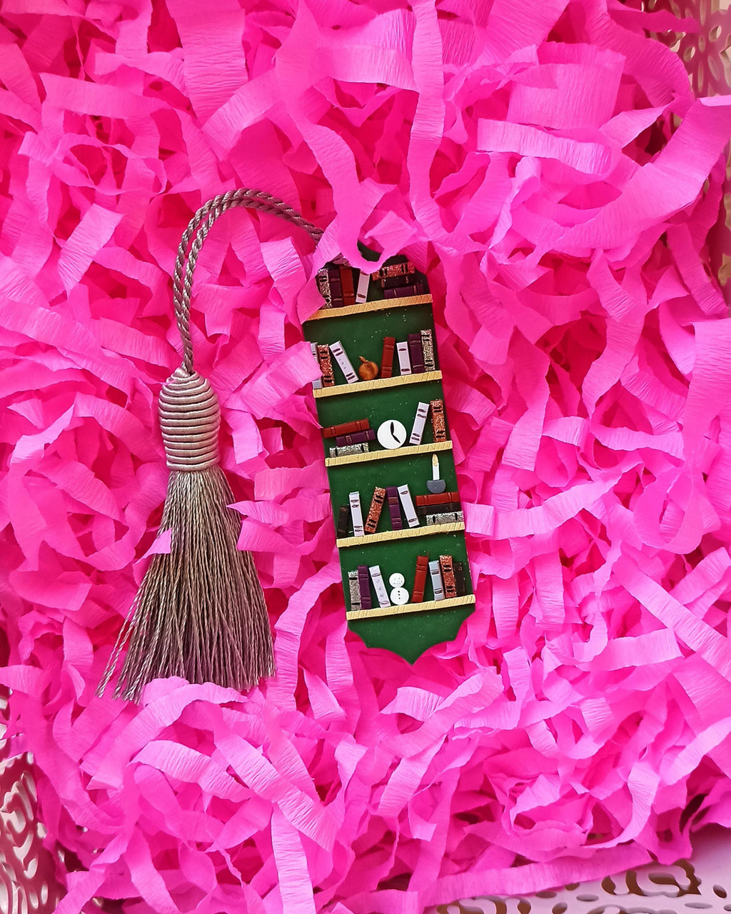 Winter Bookmark set: Green and black polymer clay tassel bookmarks with small books