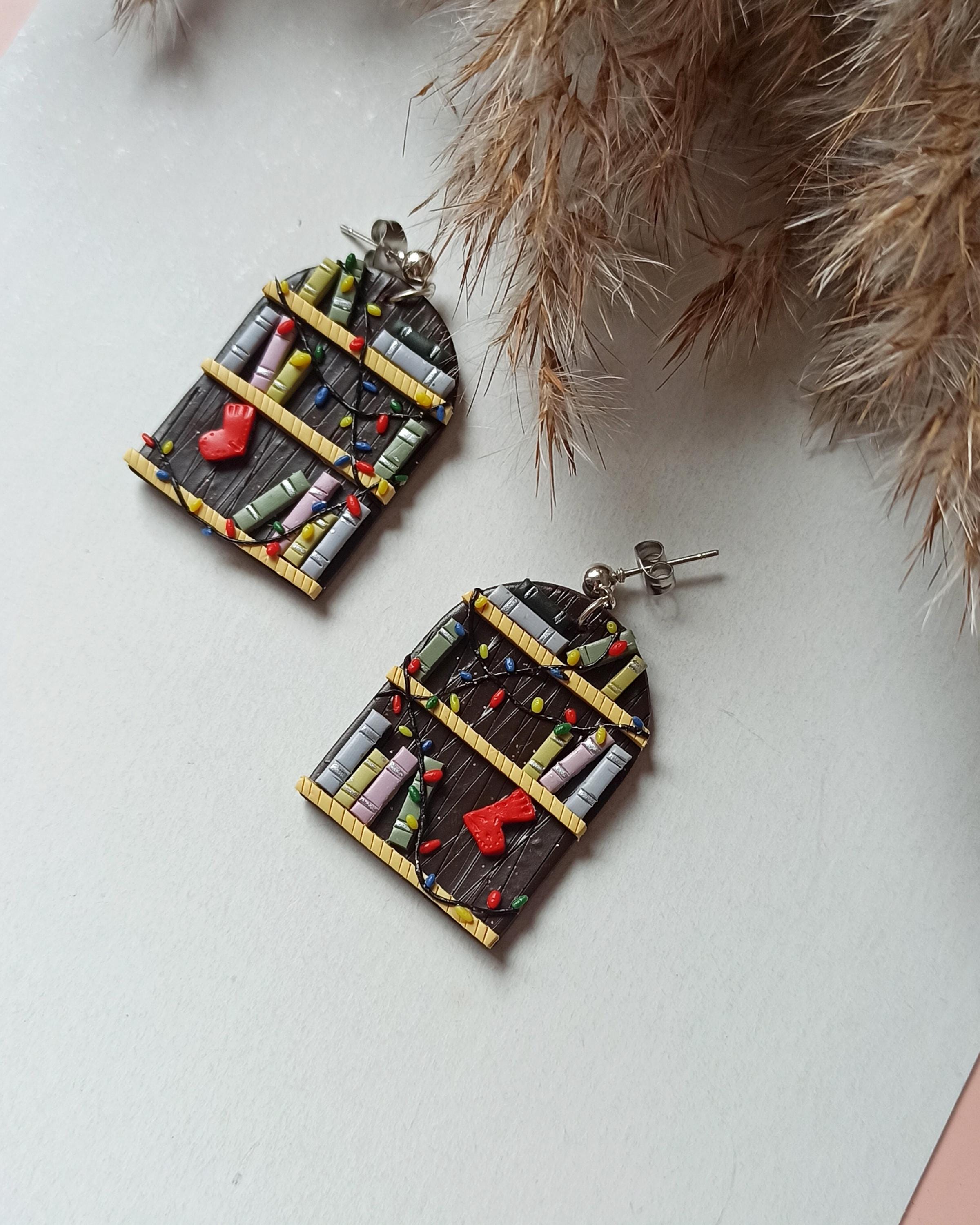 Avelli- Brown Bookshelf dandle Earrings - Polymer Clay - Winter mood gift READY TO SHIP - nickel free - eco-friendly - reader gift- booklove