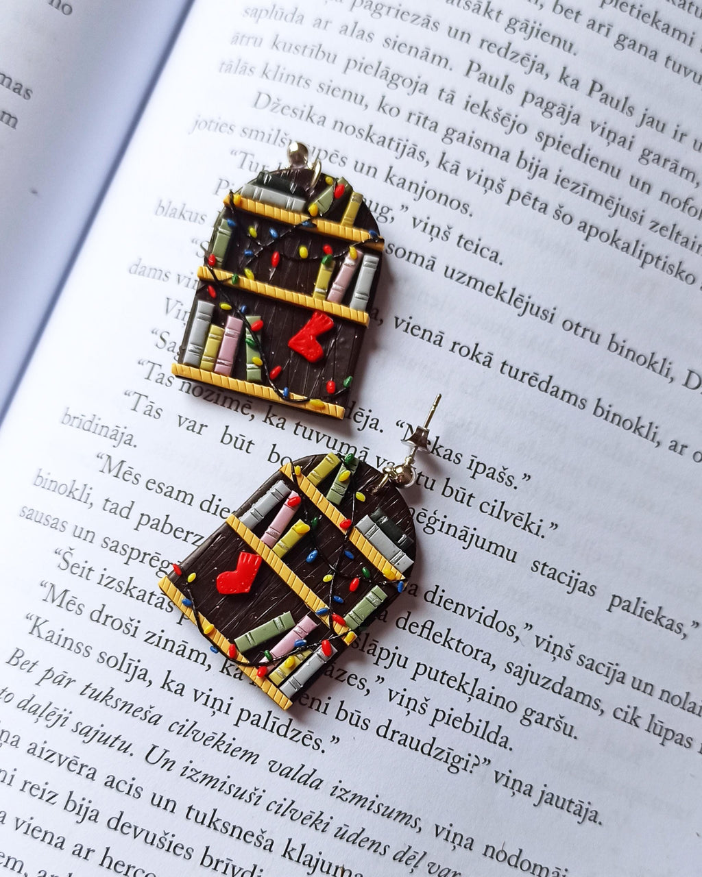 Avelli- Brown Bookshelf dandle Earrings - Polymer Clay - Winter mood gift READY TO SHIP - nickel free - eco-friendly - reader gift- booklove