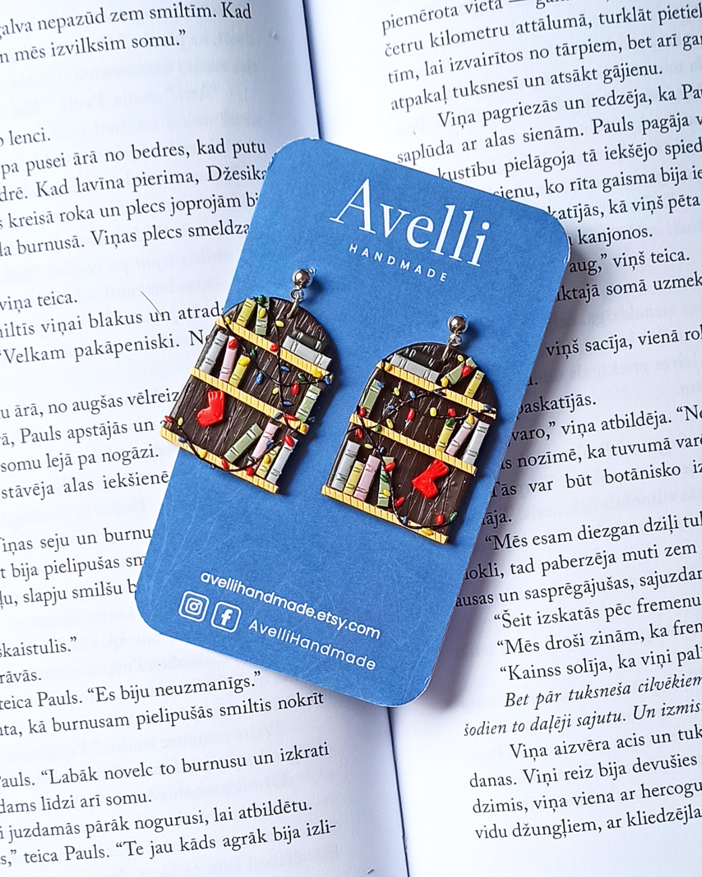 Avelli- Brown Bookshelf dandle Earrings - Polymer Clay - Winter mood gift READY TO SHIP - nickel free - eco-friendly - reader gift- booklove