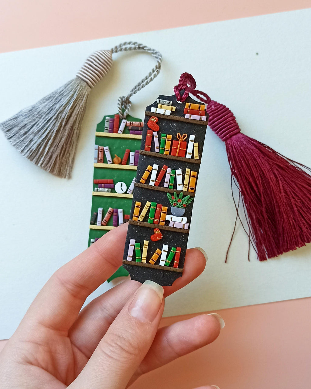 Winter Bookmark set: Green and black polymer clay tassel bookmarks with small books