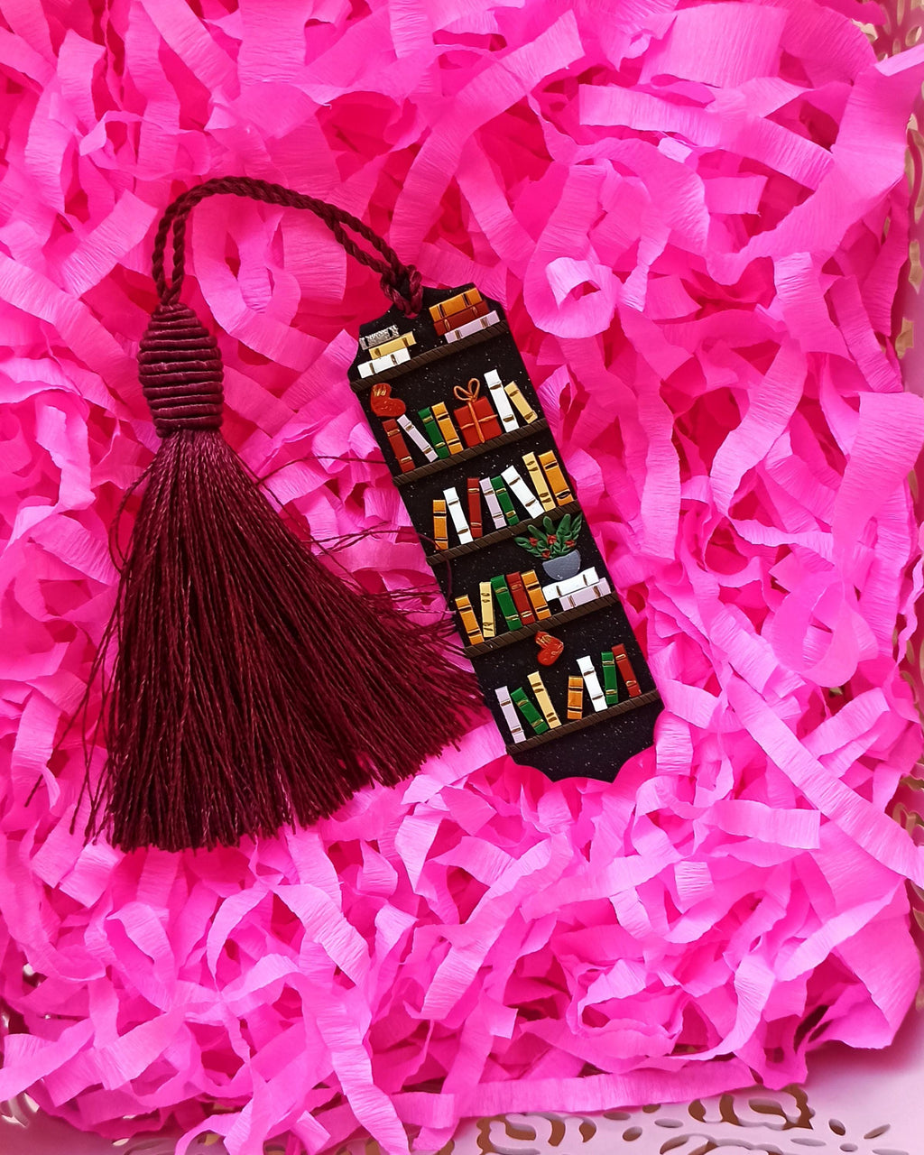 Winter Bookmark set: Green and black polymer clay tassel bookmarks with small books
