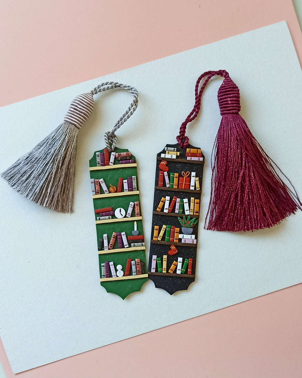 Winter Bookmark set: Green and black polymer clay tassel bookmarks with small books