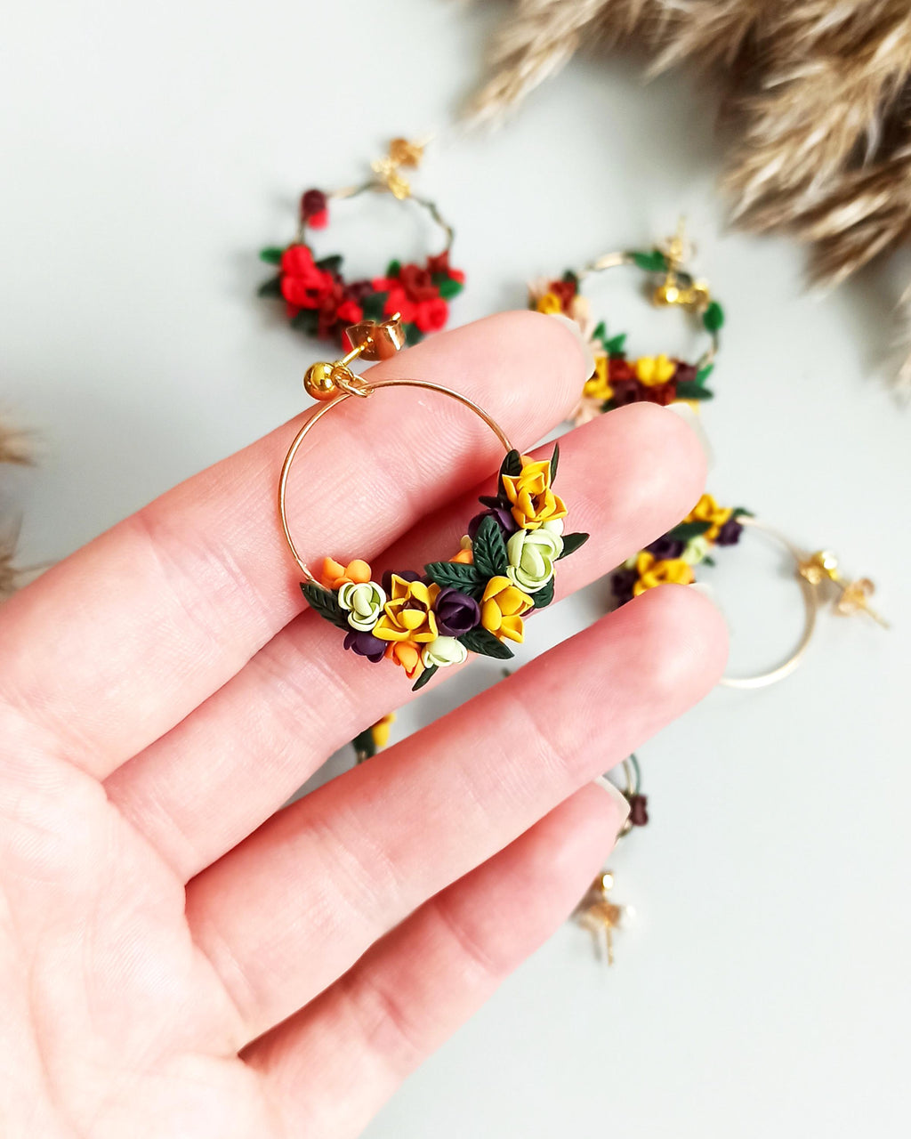 Handmade Fall Flower Hoop Earrings: Polymer Clay Sunflower Jewelry