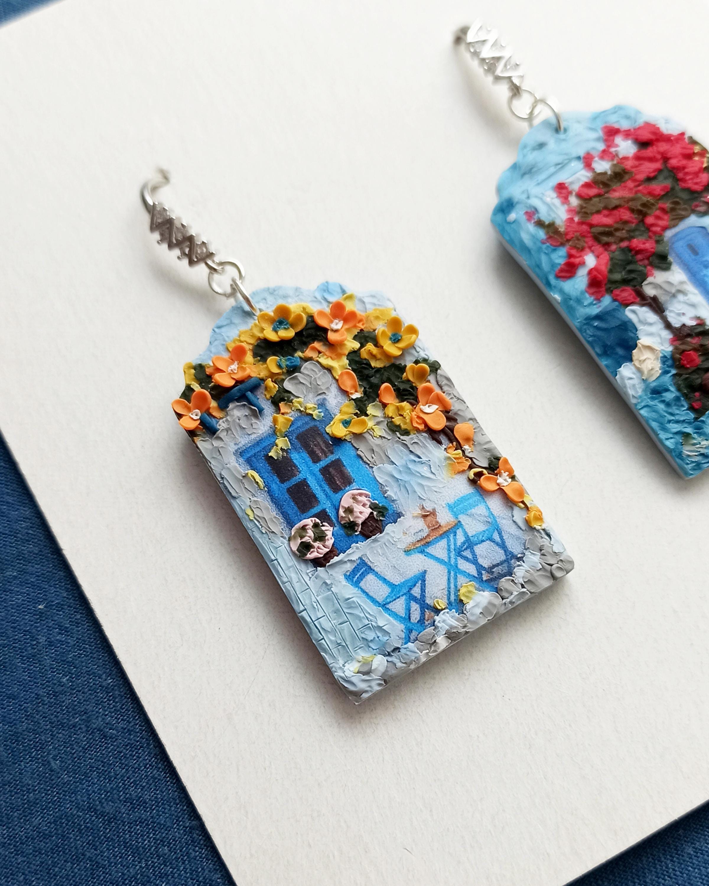 Blue polymer clay earrings: pink flower landscape earrings, handmade jewellery
