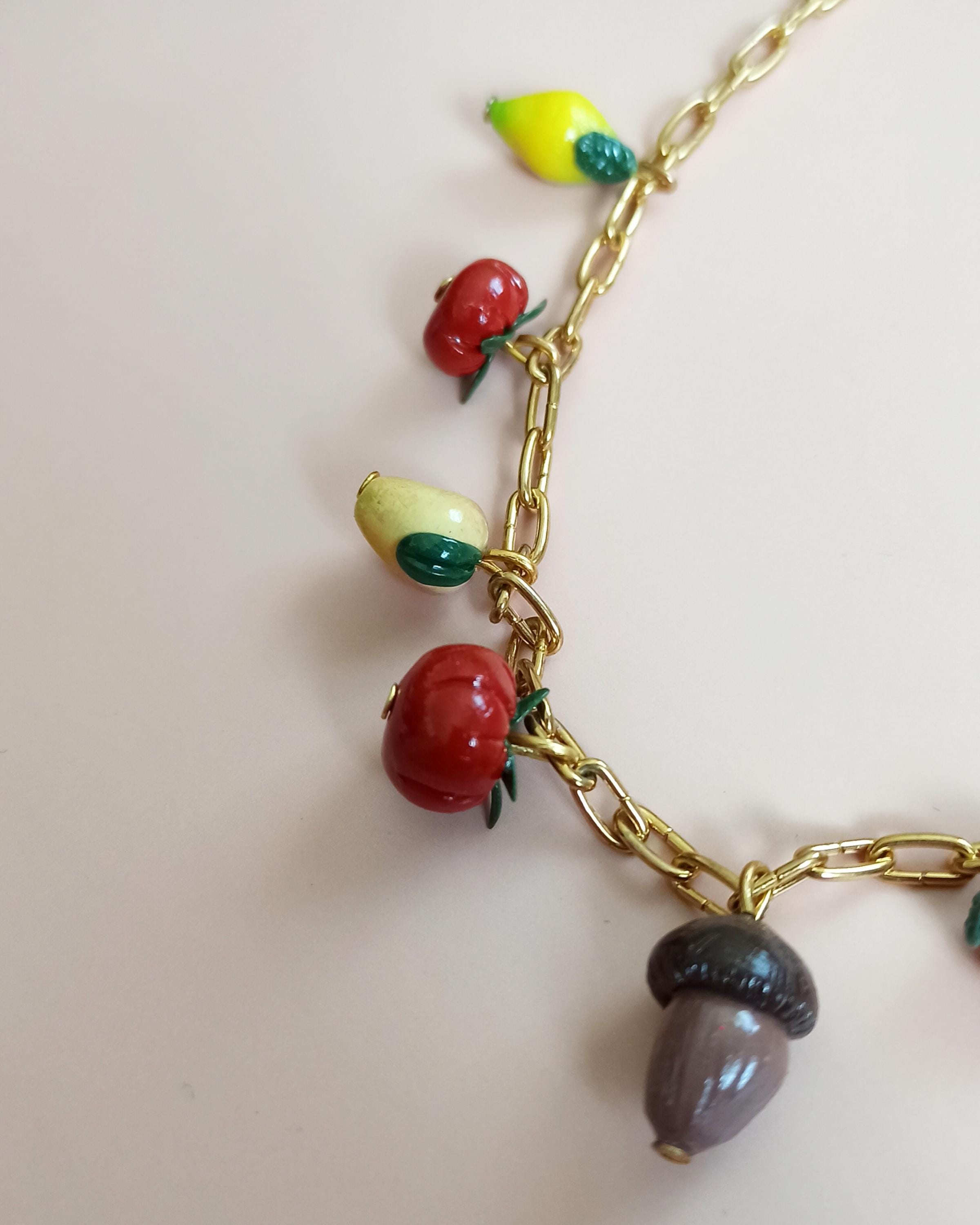 Fall charm tomatoes necklace: handmade fruit jewellery, small fruits.