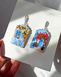 Blue polymer clay earrings: pink flower landscape earrings, handmade jewellery