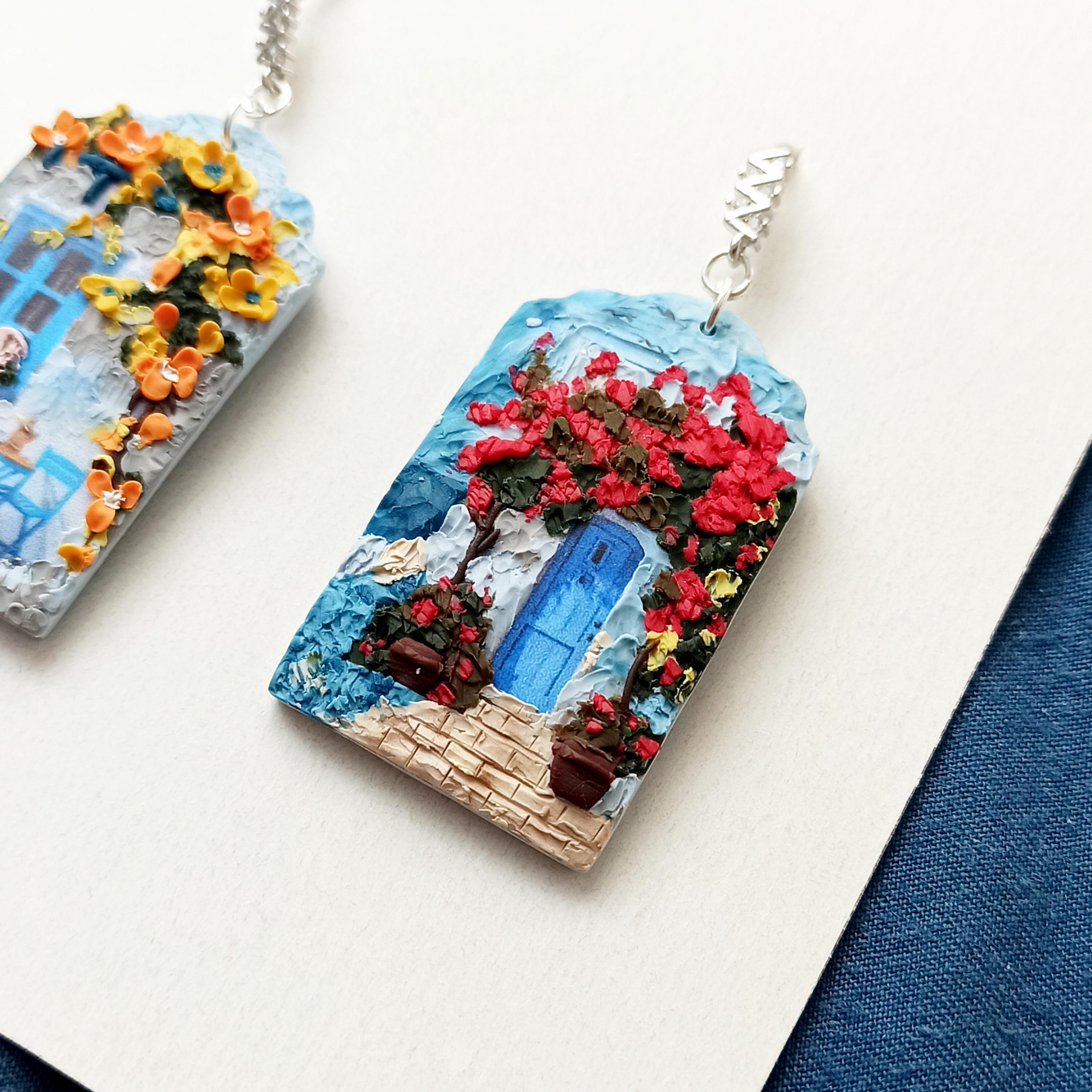 Blue polymer clay earrings: pink flower landscape earrings, handmade jewellery